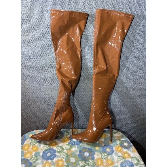 Steve Madden ‘Vava’ Thigh High Stiletto Boots Brown Patent Faux Leather Size 7.5 - Picture 2 of 10